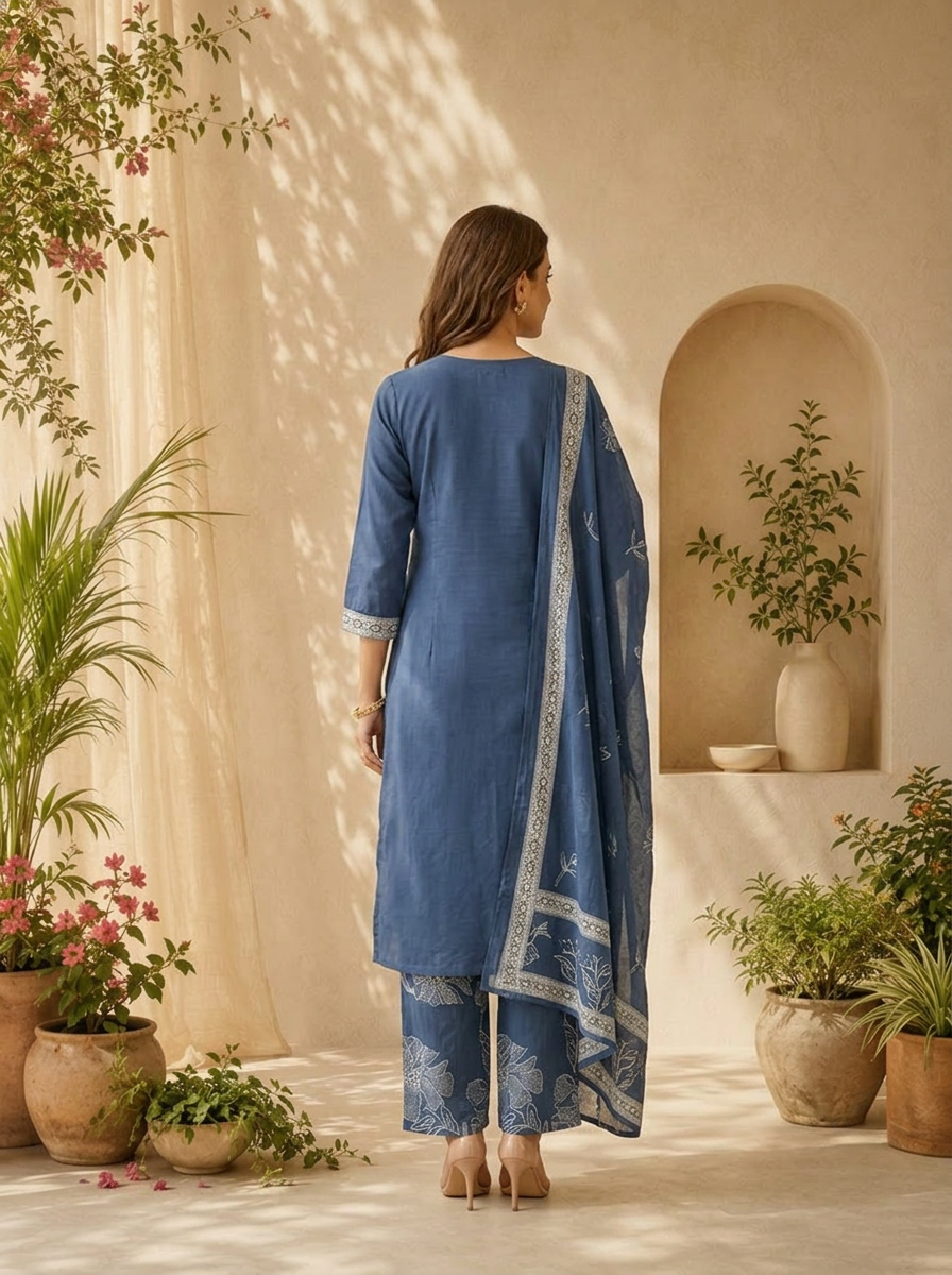 Blue Floral Thread Embroidery And Patch Embroidery Cotton Three Piece Set
