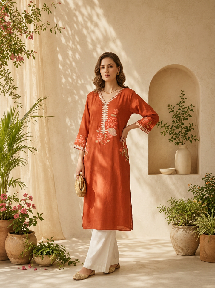Burnt Orange Solid Design And Floral Thread Embroidery Kurta