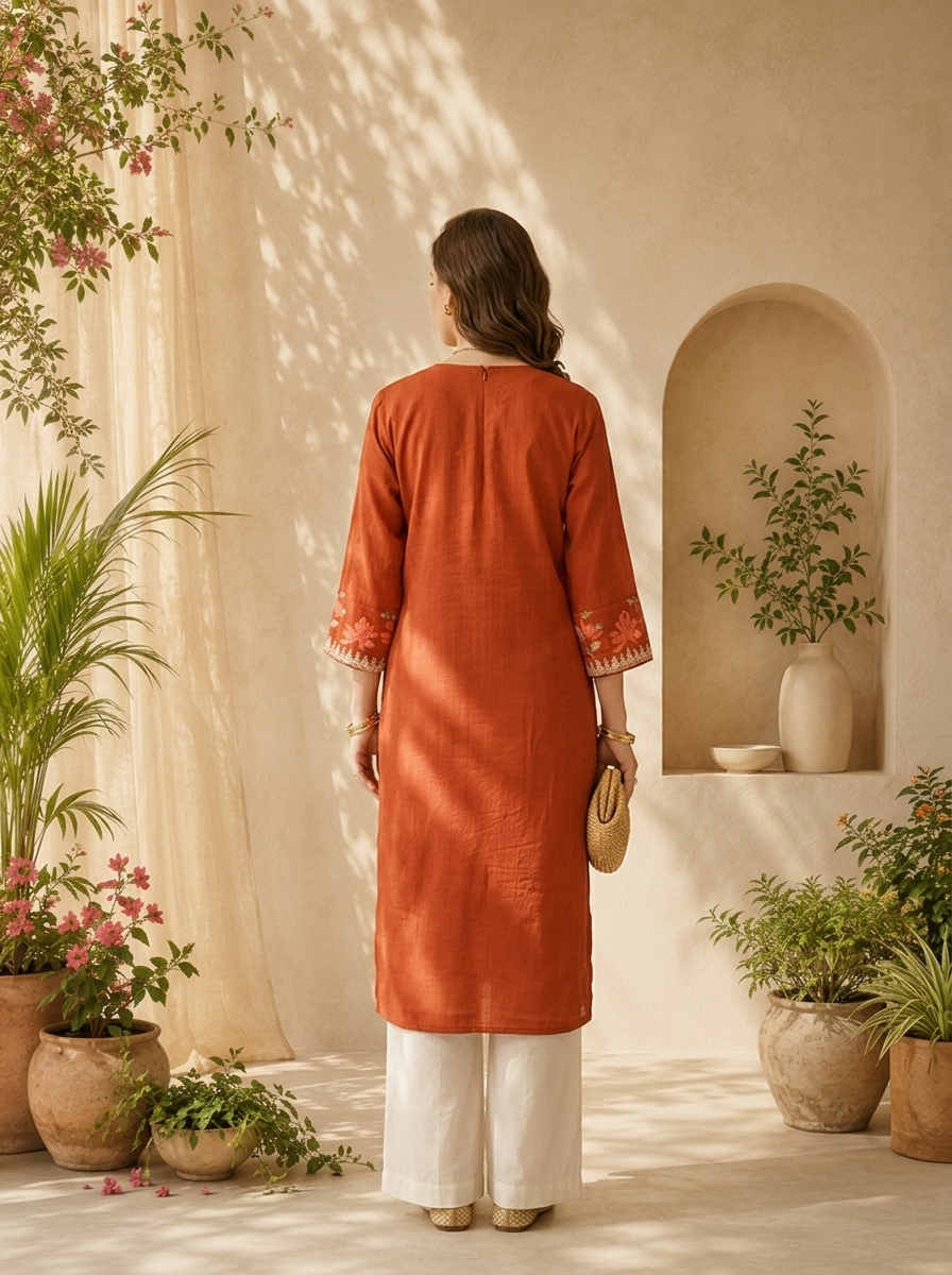 Burnt Orange Solid Design And Floral Thread Embroidery Kurta