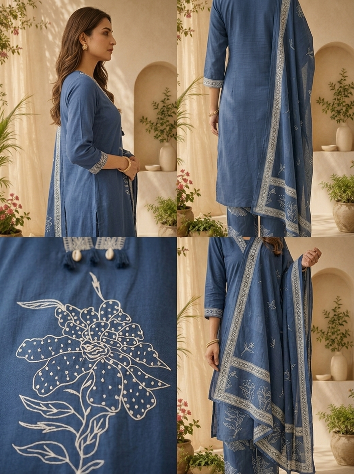 Blue Floral Thread Embroidery And Patch Embroidery Cotton Three Piece Set