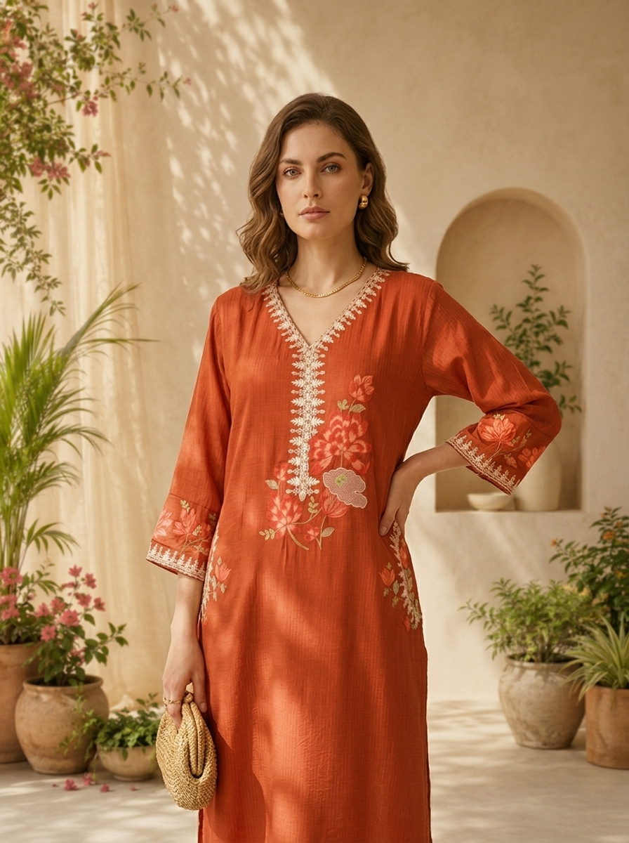 Burnt Orange Solid Design And Floral Thread Embroidery Kurta
