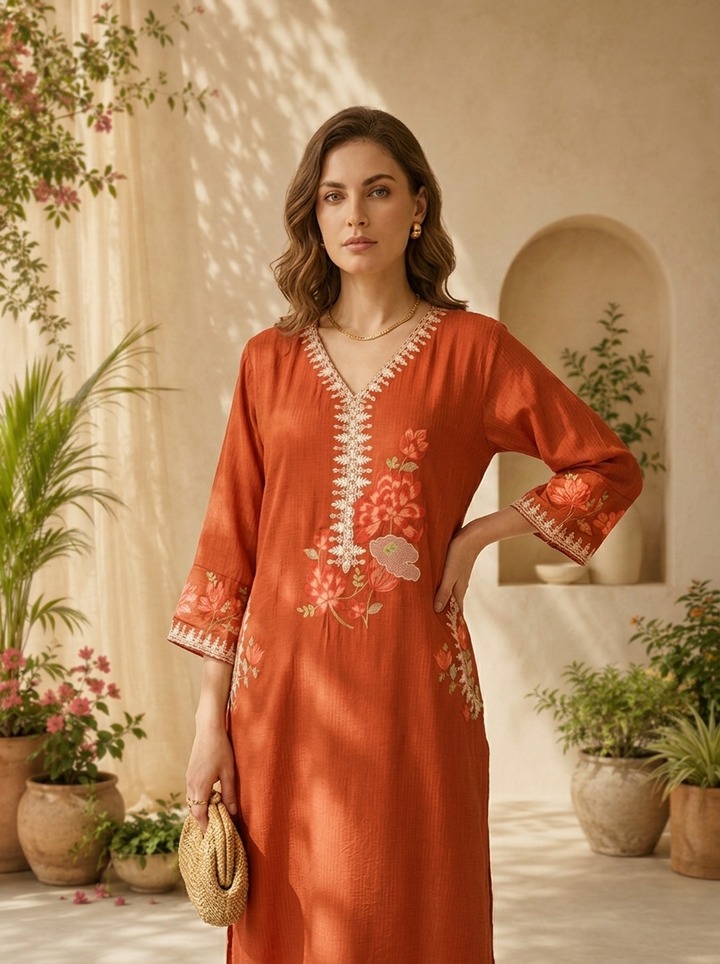 Burnt Orange Solid Design And Floral Thread Embroidery Kurta