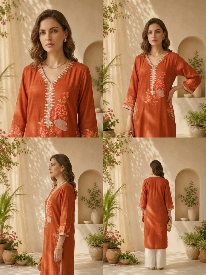 Burnt Orange Solid Design And Floral Thread Embroidery Kurta