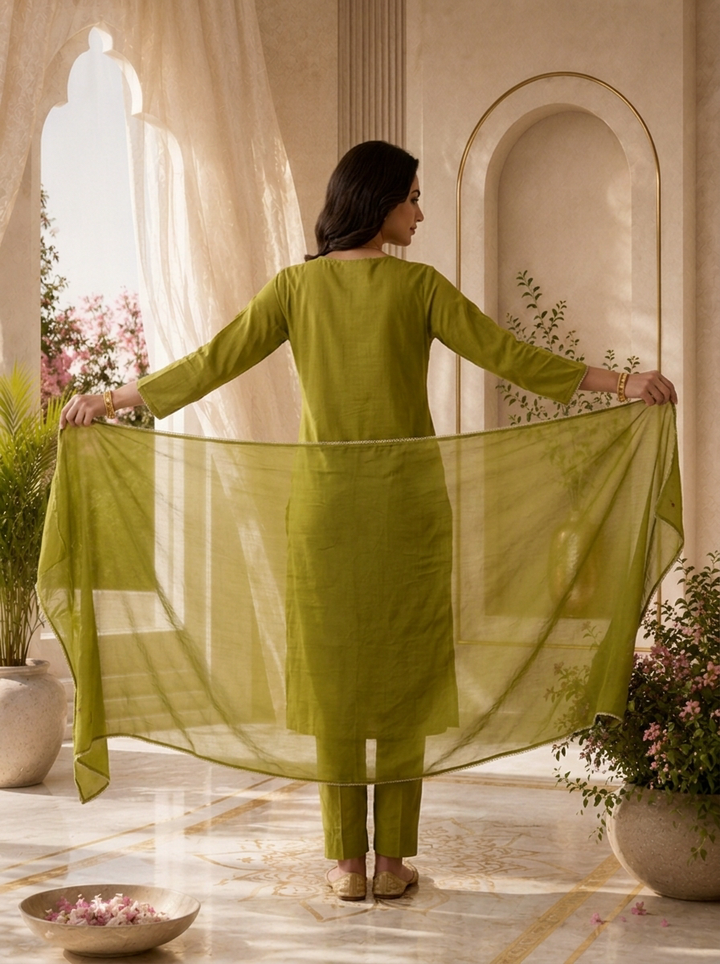 Mehadi Green Mirror And Patch Embroidered Cotton Three Piece Set
