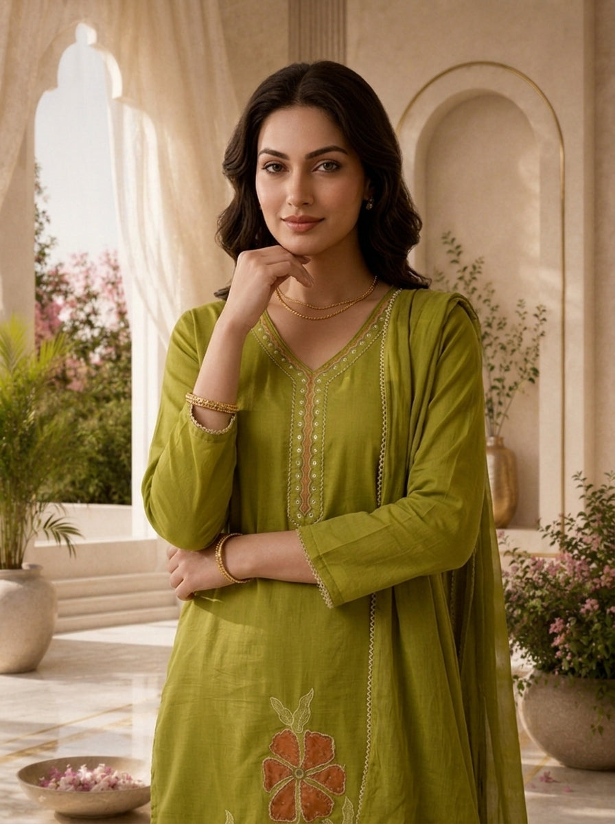 Mehadi Green Mirror And Patch Embroidered Cotton Three Piece Set