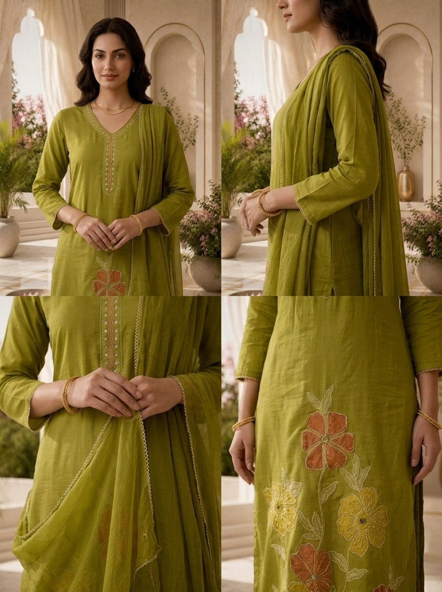 Mehadi Green Mirror And Patch Embroidered Cotton Three Piece Set