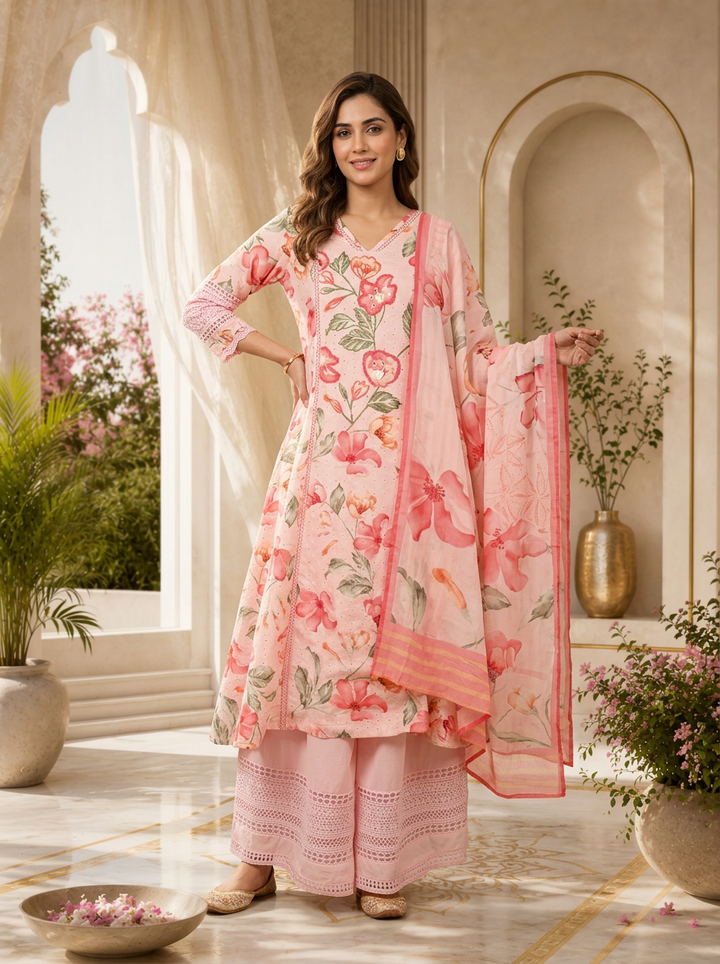 Peach Chikankari Mirror Embroidered And Printed Three Piece Set