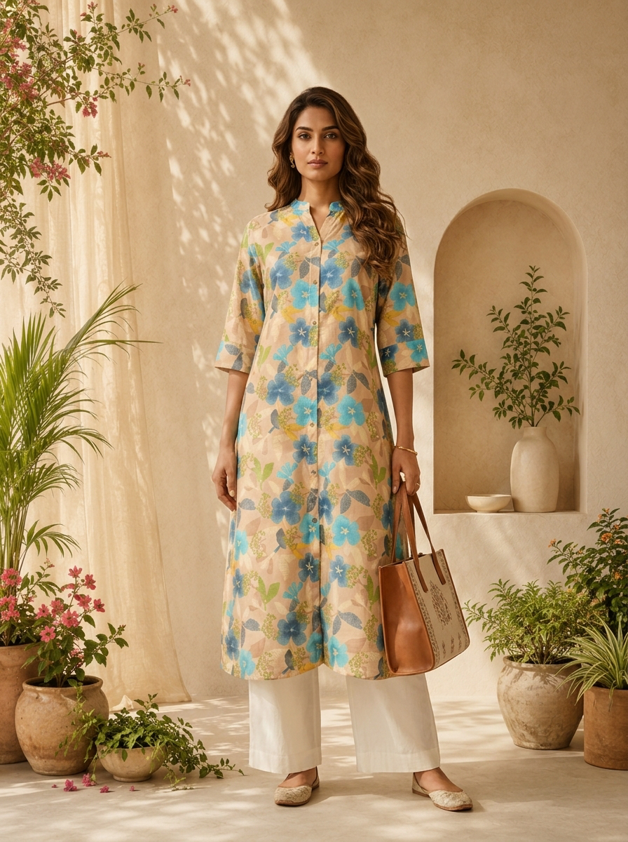 Beige And Ferozi Heavy Floral Printed Silk Kurta