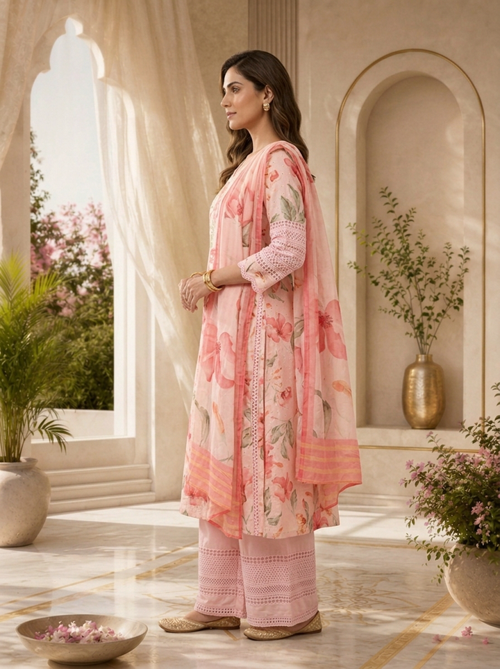 Peach Chikankari Mirror Embroidered And Printed Three Piece Set