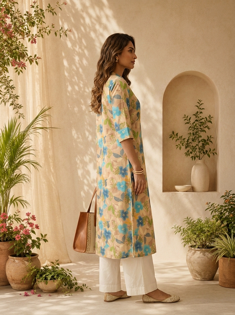 Beige And Ferozi Heavy Floral Printed Silk Kurta