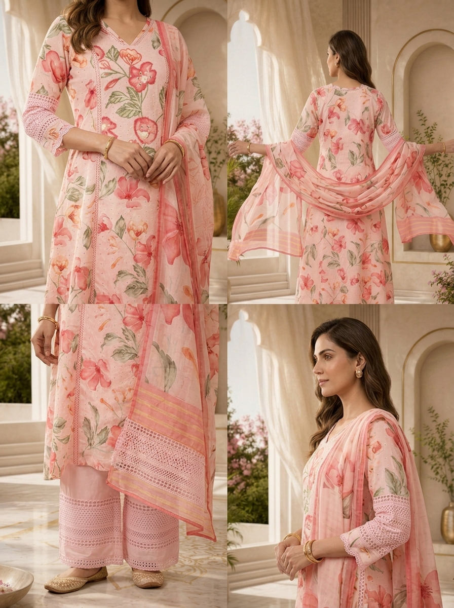 Peach Chikankari Mirror Embroidered And Printed Three Piece Set