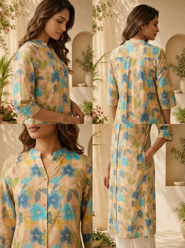 Beige And Ferozi Heavy Floral Printed Silk Kurta