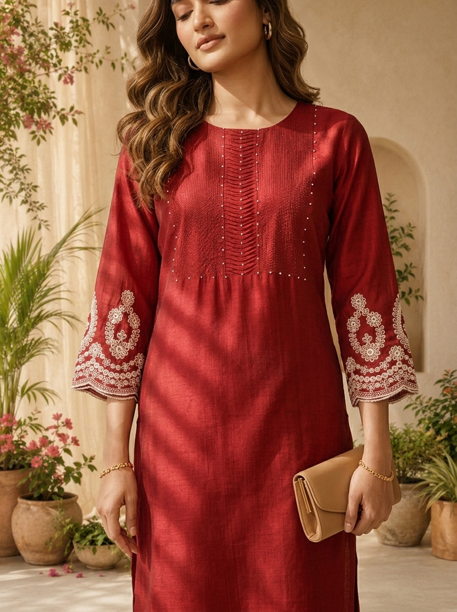Maroon Silk Pleated And Solid Design Kurta