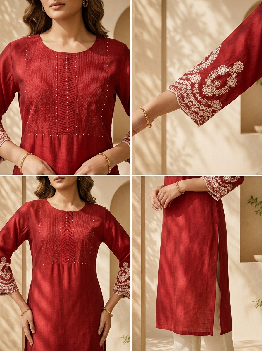 Maroon Silk Pleated And Solid Design Kurta