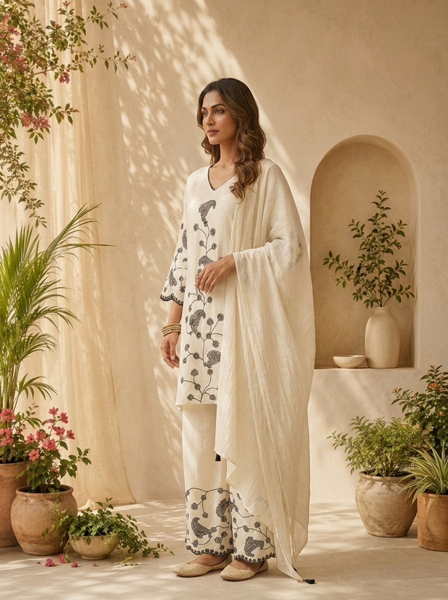 Black Thread Embroidered Cotton Three Piece Set