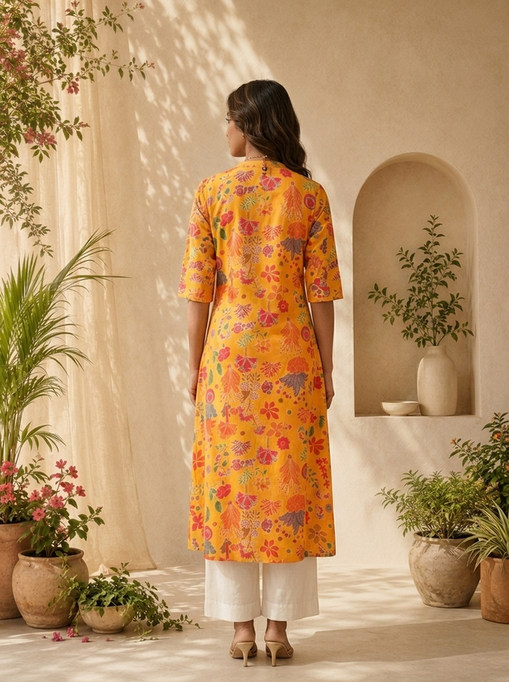 Mustard Modal Printed A-Line Kurta