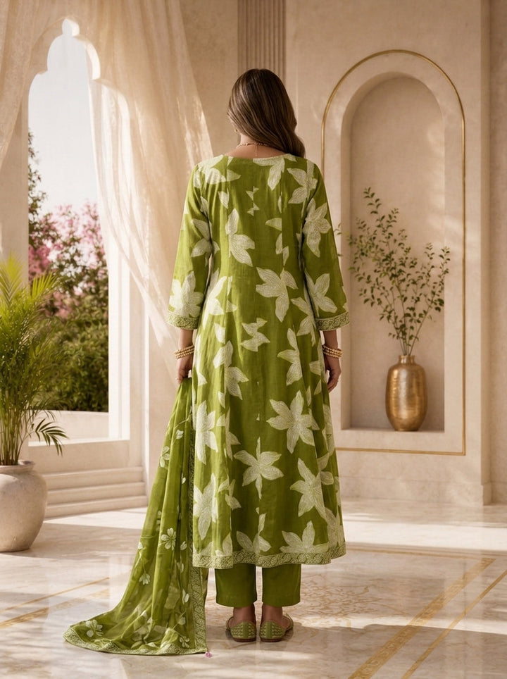 Mehadi Green Cotton Printed And Hand Embroidery Three Piece Set