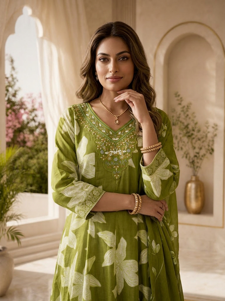 Mehadi Green Cotton Printed And Hand Embroidery Three Piece Set