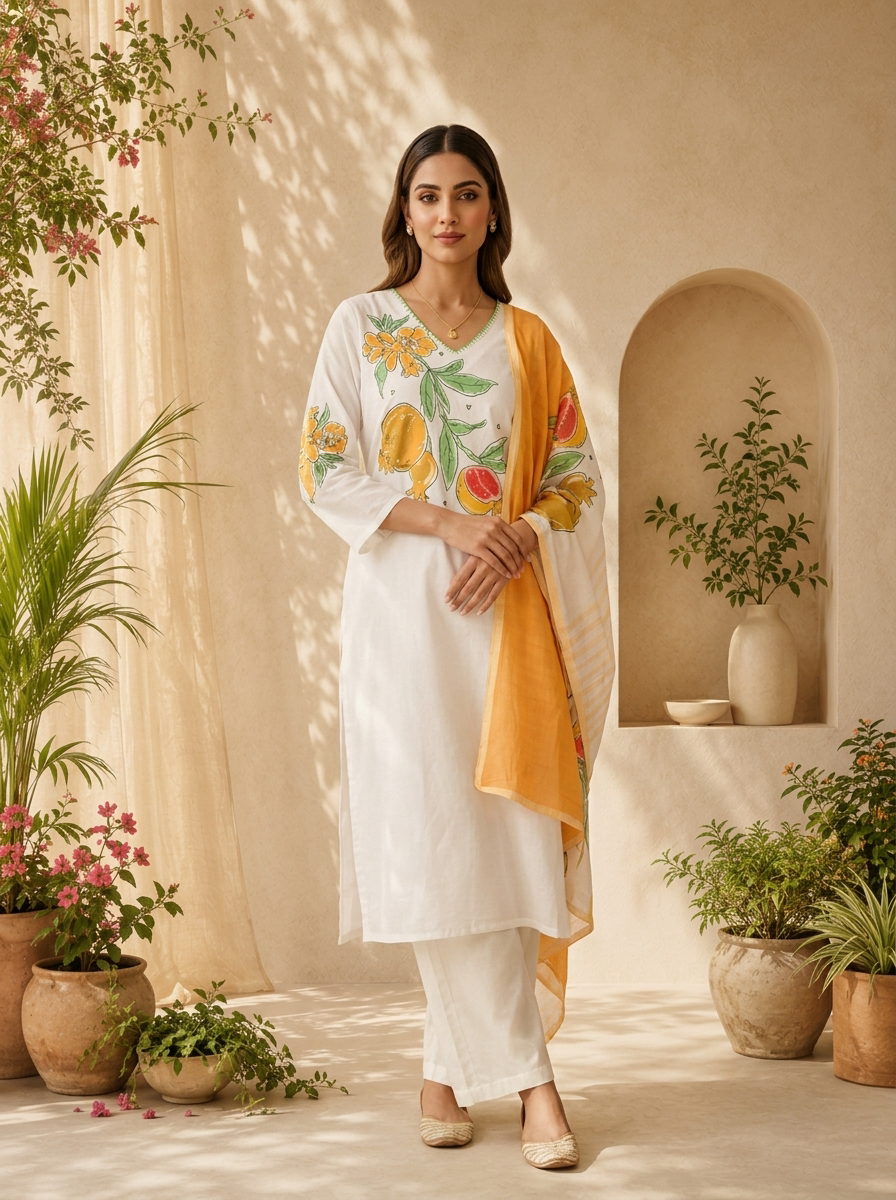Mustard And White Printed Cotton Three Piece Set With Contrast Dupatta