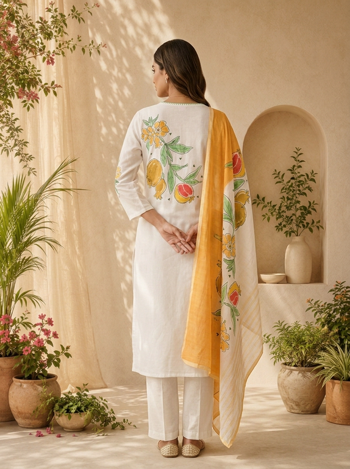 Mustard And White Printed Cotton Three Piece Set With Contrast Dupatta
