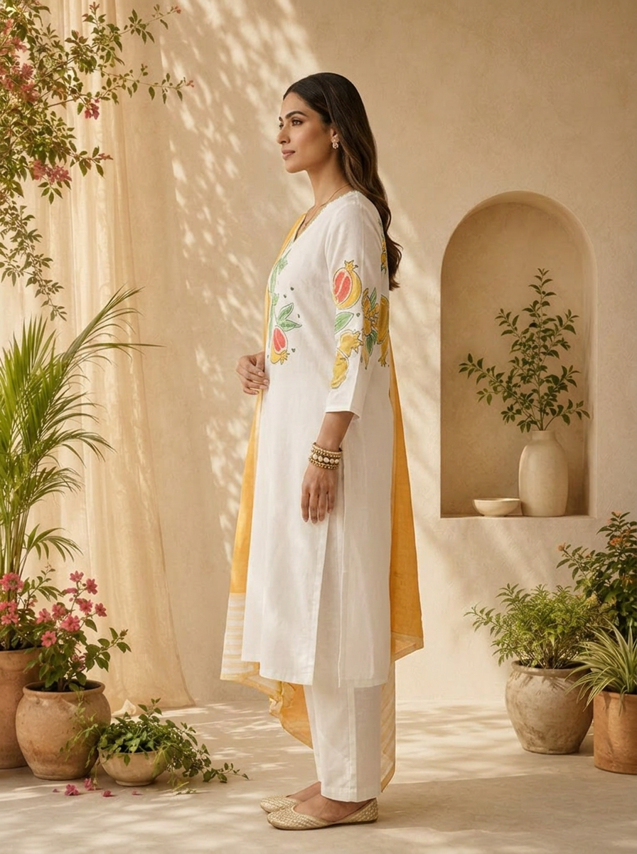 Mustard And White Printed Cotton Three Piece Set With Contrast Dupatta