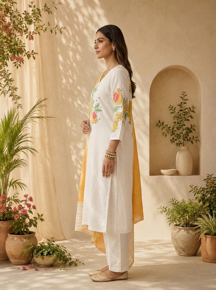 Mustard And White Printed Cotton Three Piece Set With Contrast Dupatta