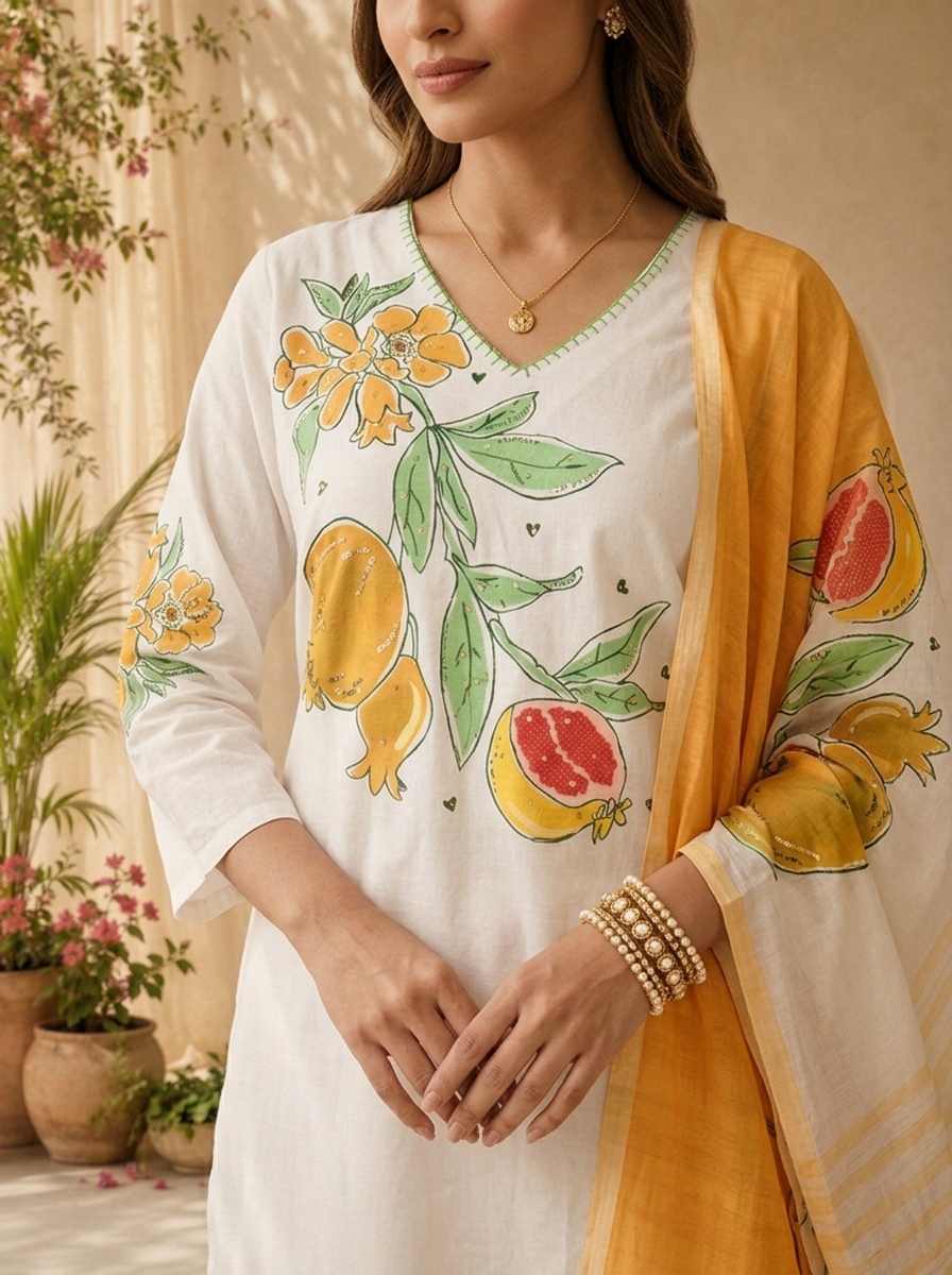 Mustard And White Printed Cotton Three Piece Set With Contrast Dupatta