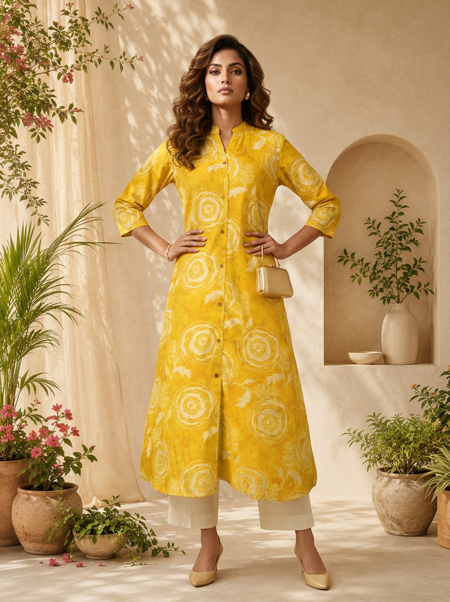 Mustard Floral Printed A-line Silk Kurta