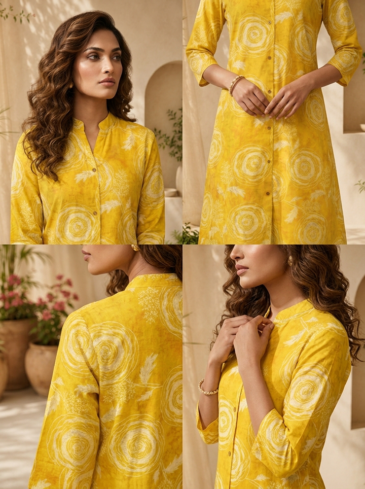 Mustard Floral Printed A-line Silk Kurta