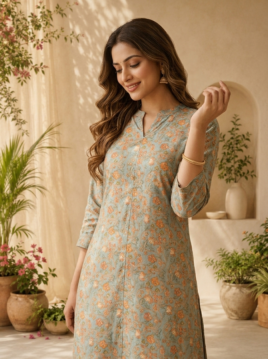 Beige Modal Floral Printed Kurta