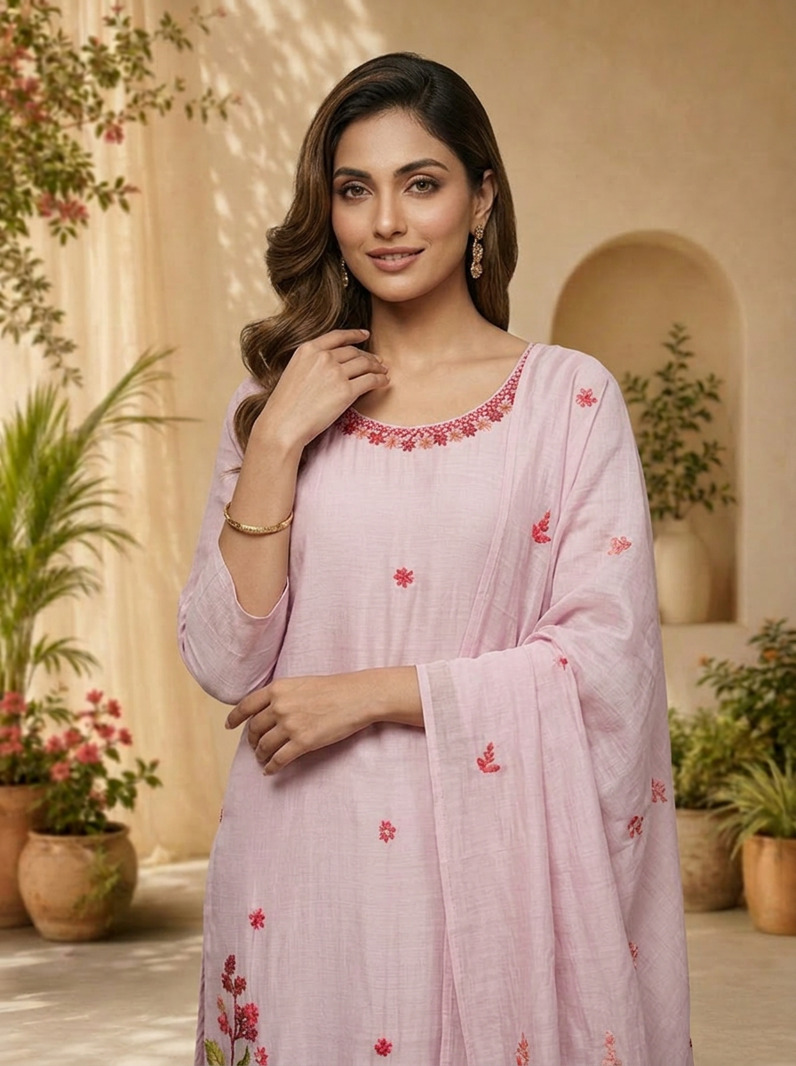 Lilac Chanderi Sequins Embroidery And Solid Design Three Piece Set