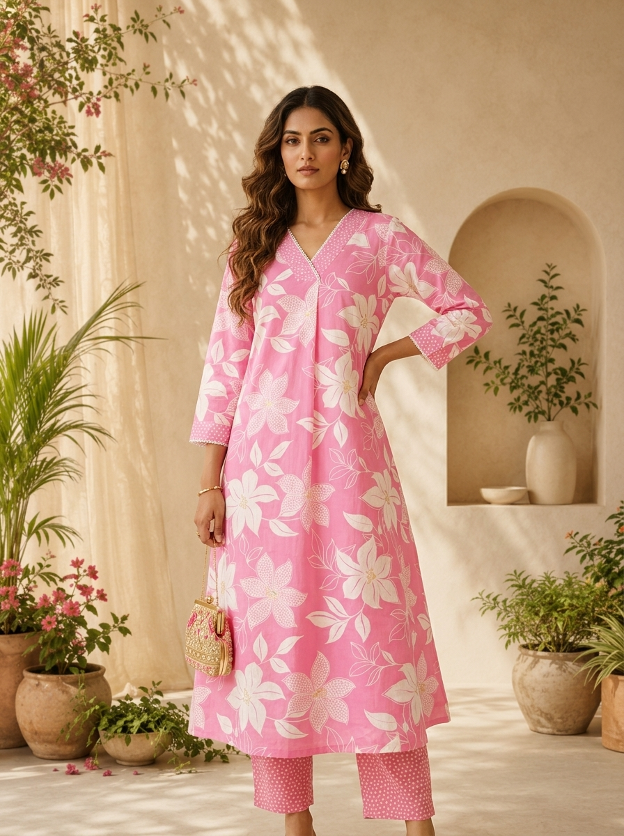 Rose Pink Floral Printed And Hand Embroidery Two Piece Set