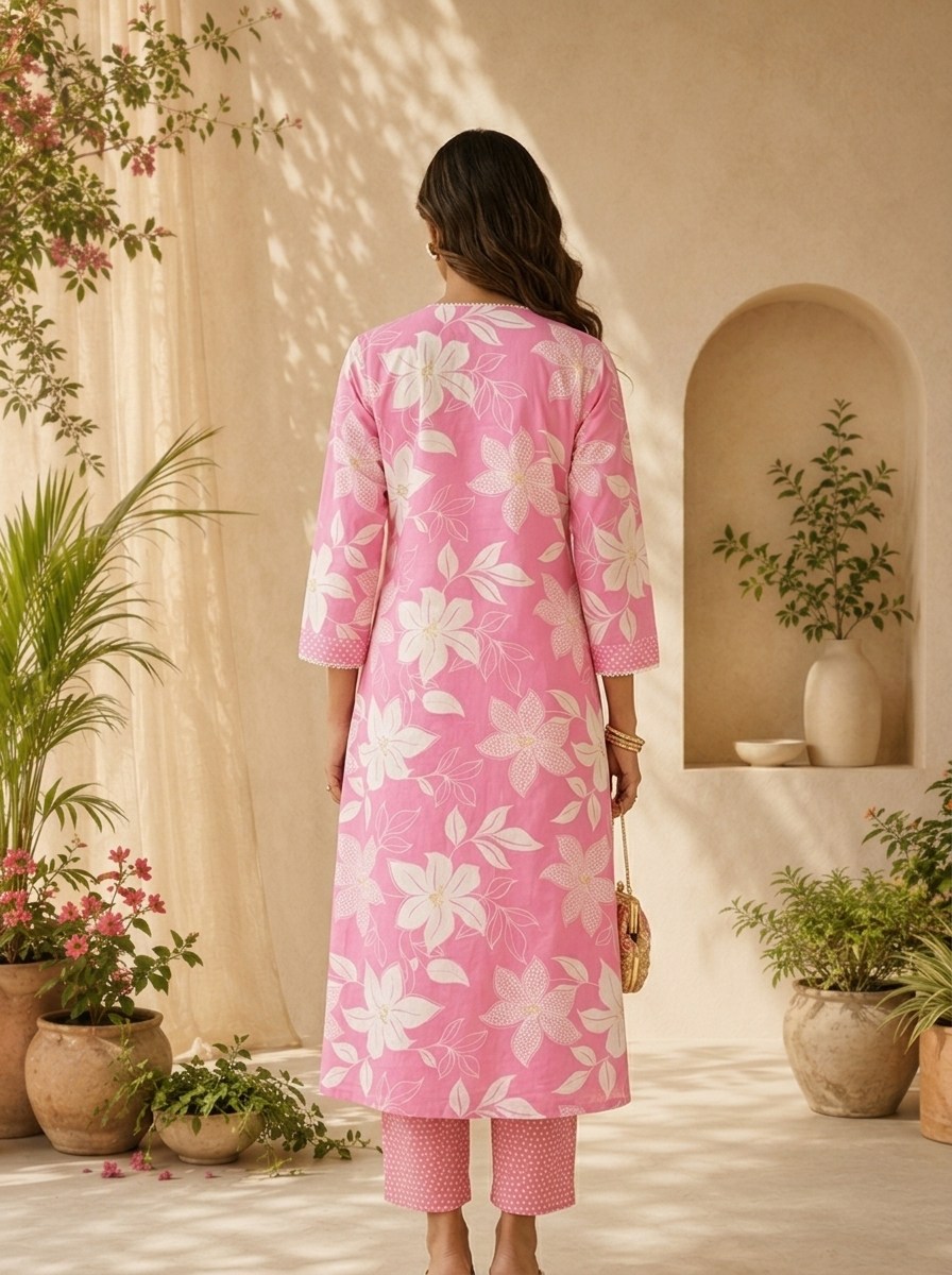 Rose Pink Floral Printed And Hand Embroidery Two Piece Set