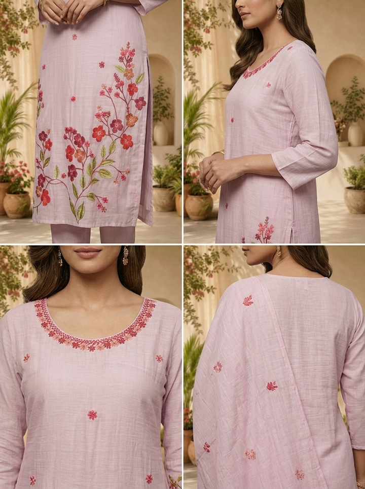 Lilac Chanderi Sequins Embroidery And Solid Design Three Piece Set