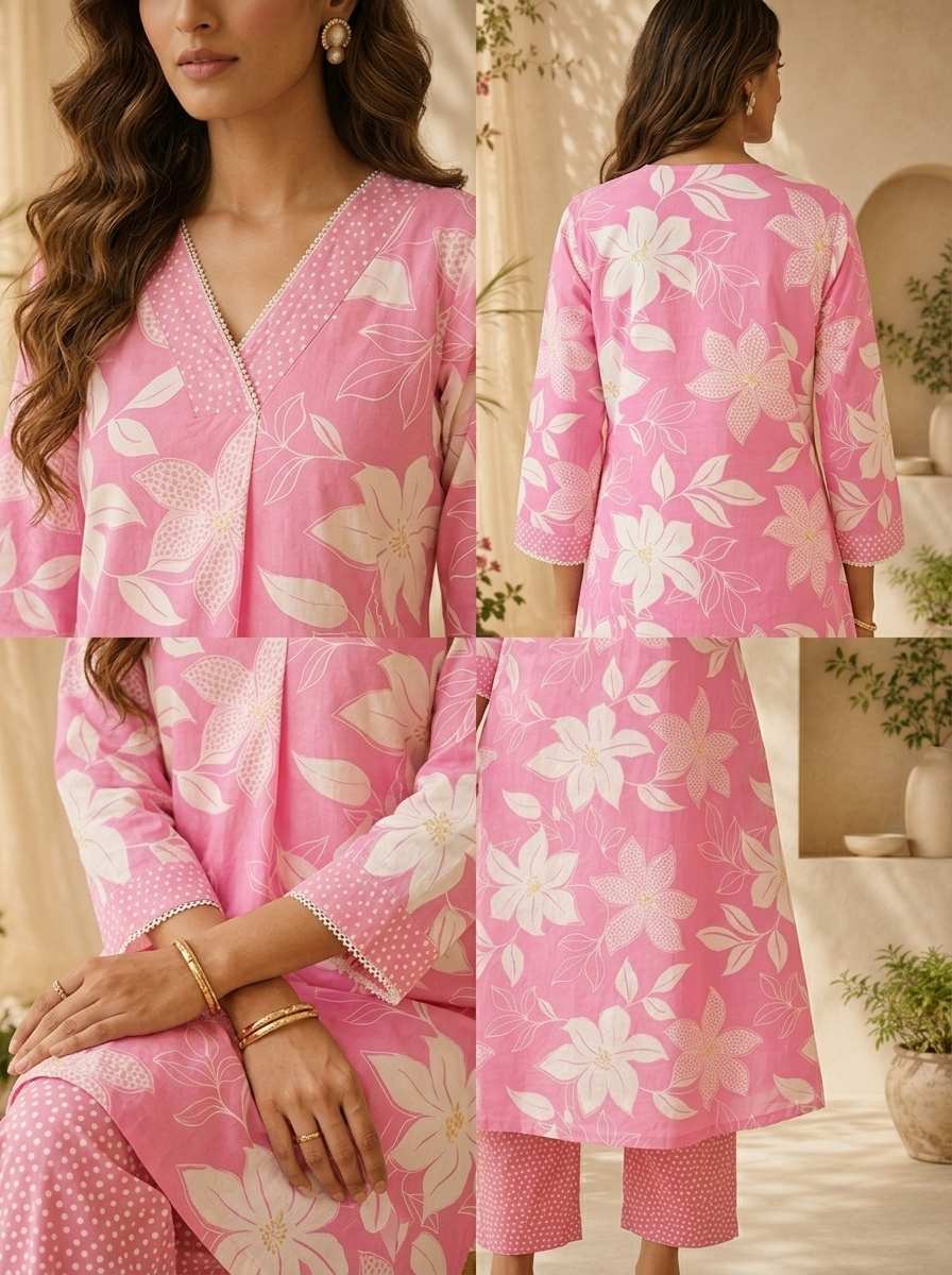 Rose Pink Floral Printed And Hand Embroidery Two Piece Set