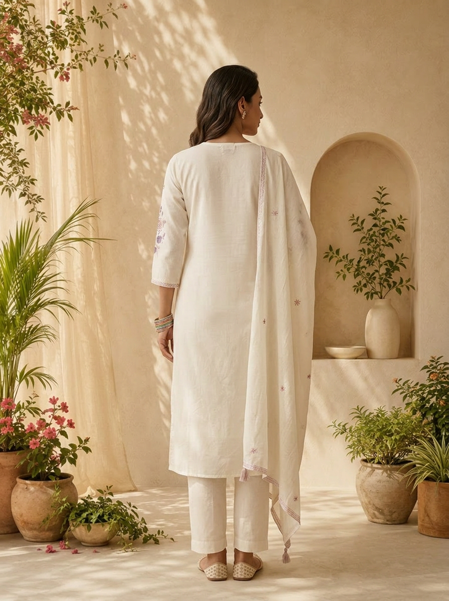 White Cotton Sequins Embroidery And Solid Design Three Piece Set