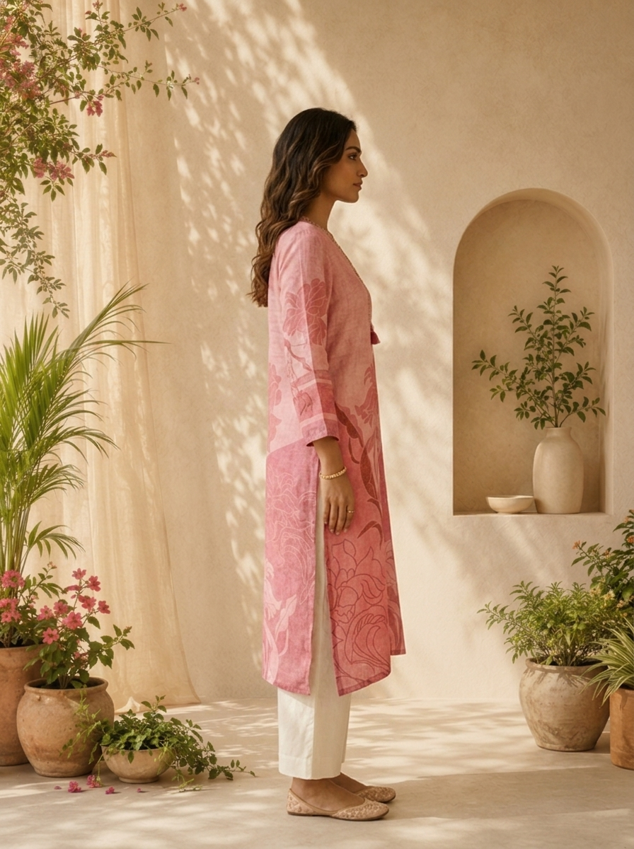 Onion Pink Rayon Floral Printed And Solid Design Straight Kurta
