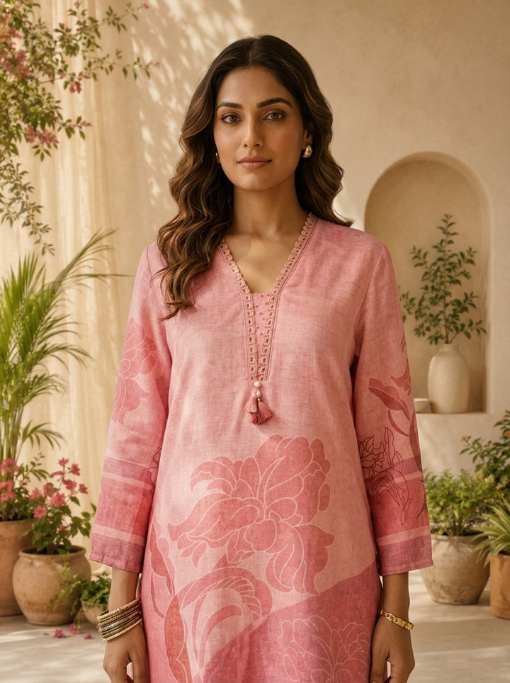 Onion Pink Rayon Floral Printed And Solid Design Straight Kurta
