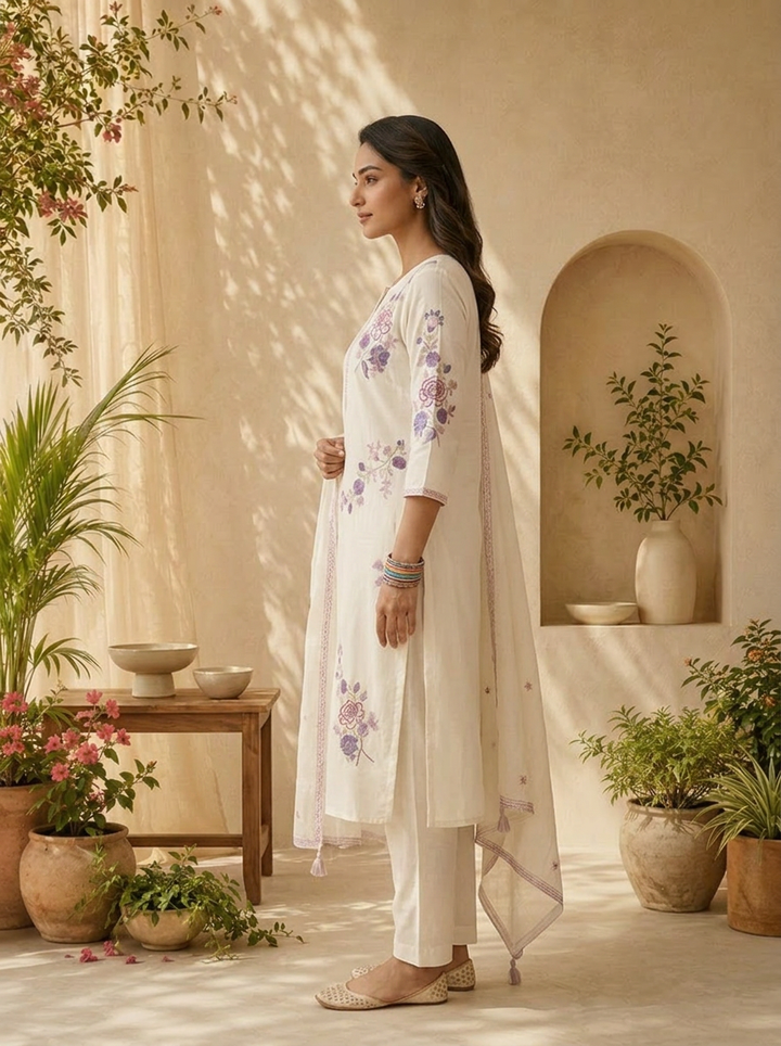 White Cotton Sequins Embroidery And Solid Design Three Piece Set