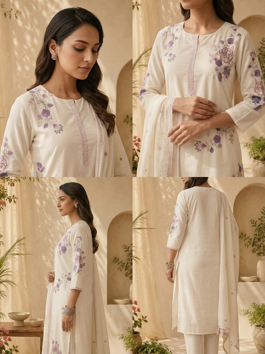White Cotton Sequins Embroidery And Solid Design Three Piece Set