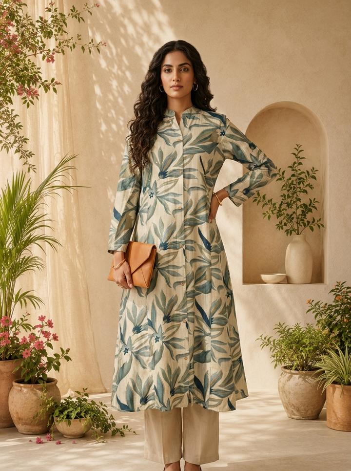 Olive Heavy Floral Printed Silk A-line Kurta