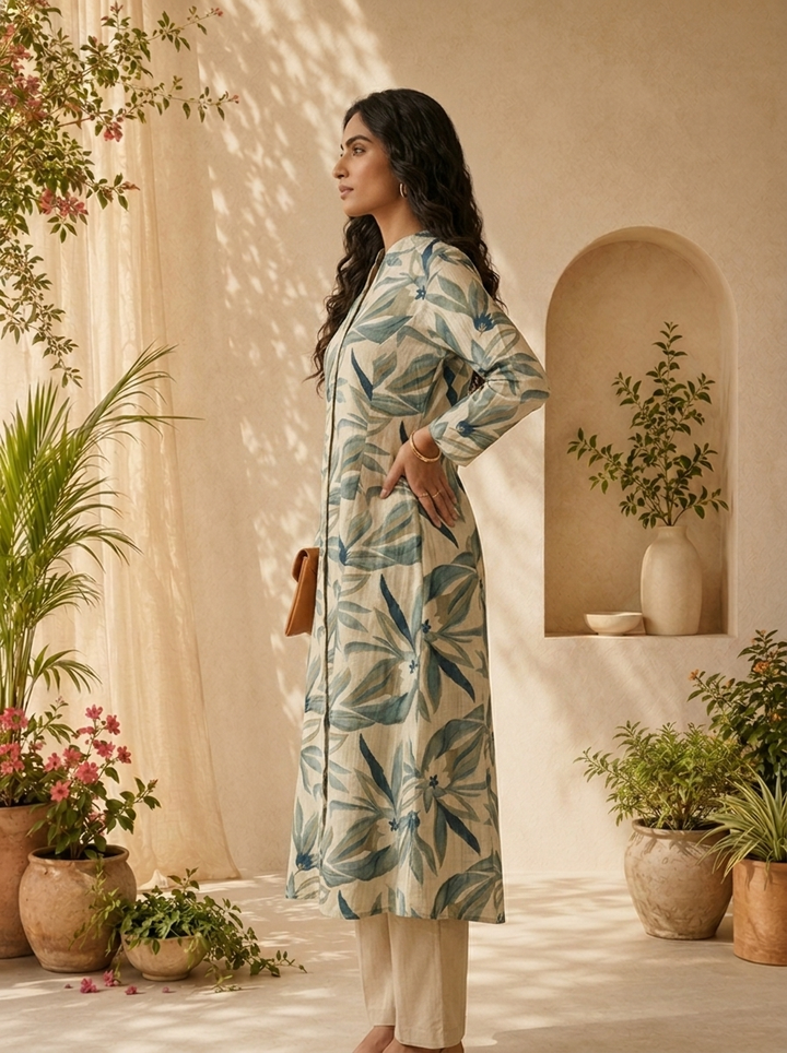 Olive Heavy Floral Printed Silk A-line Kurta