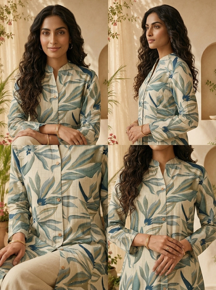 Olive Heavy Floral Printed Silk A-line Kurta