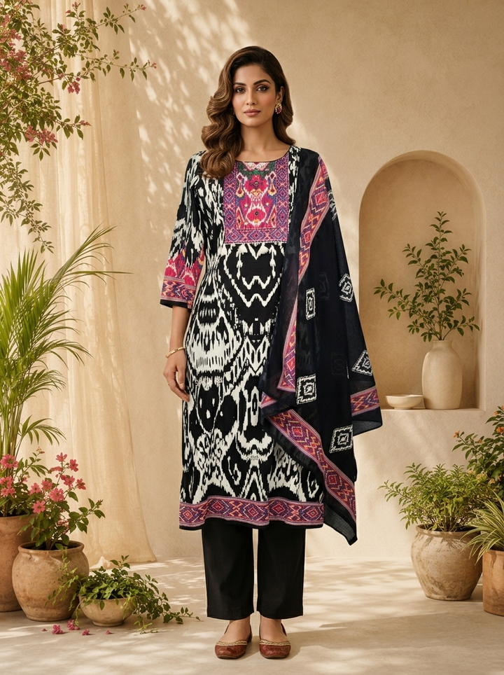 Black And Pink Ikat Printed And Sequins Embroidery Three Piece Set