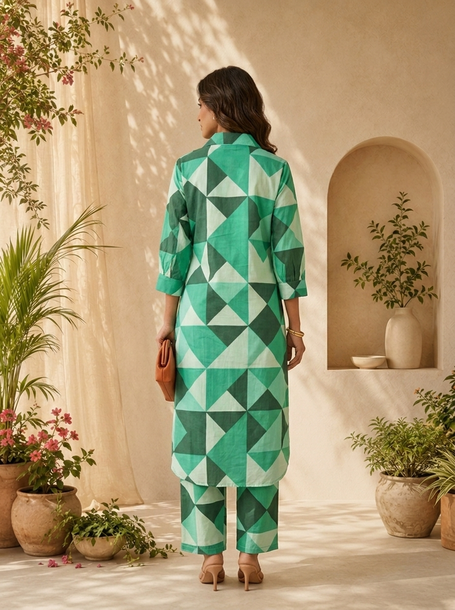 Green Cotton Abstract Printed Two Piece Set