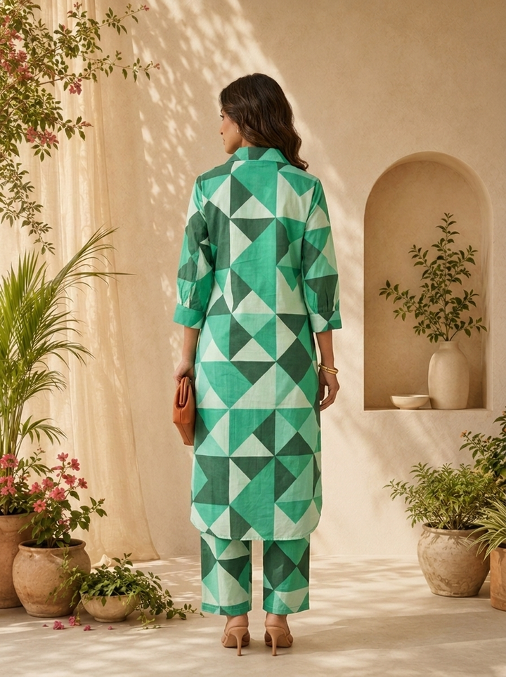 Green Cotton Abstract Printed Two Piece Set