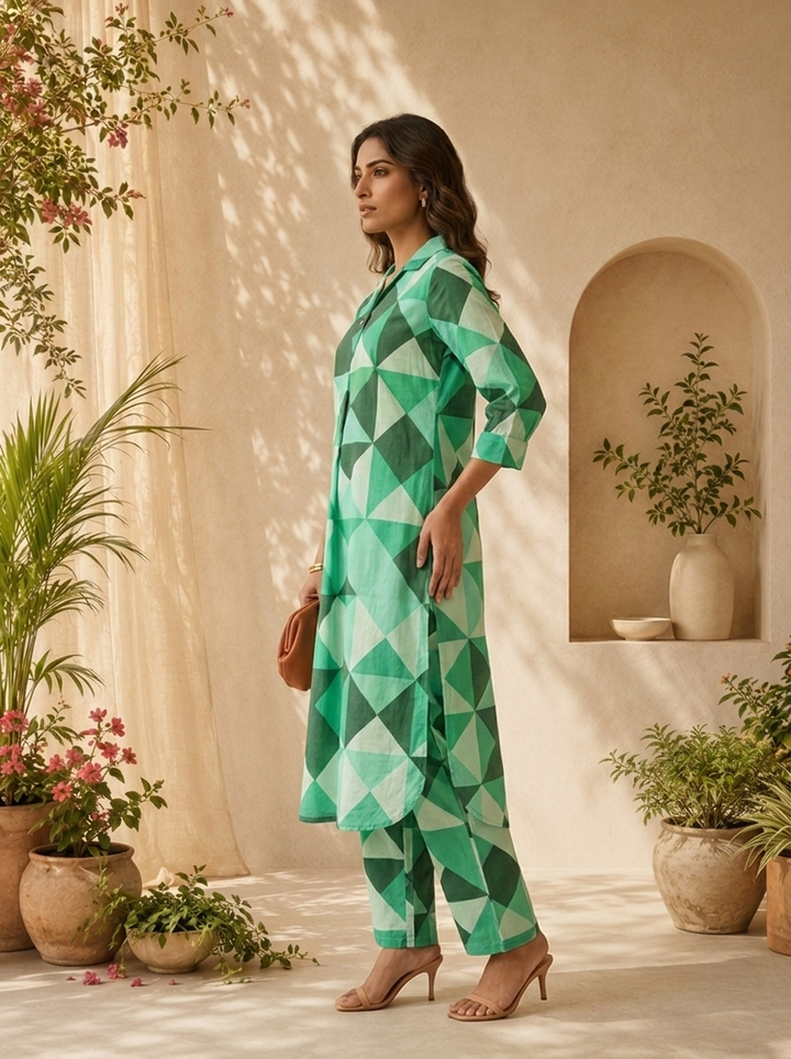 Green Cotton Abstract Printed Two Piece Set