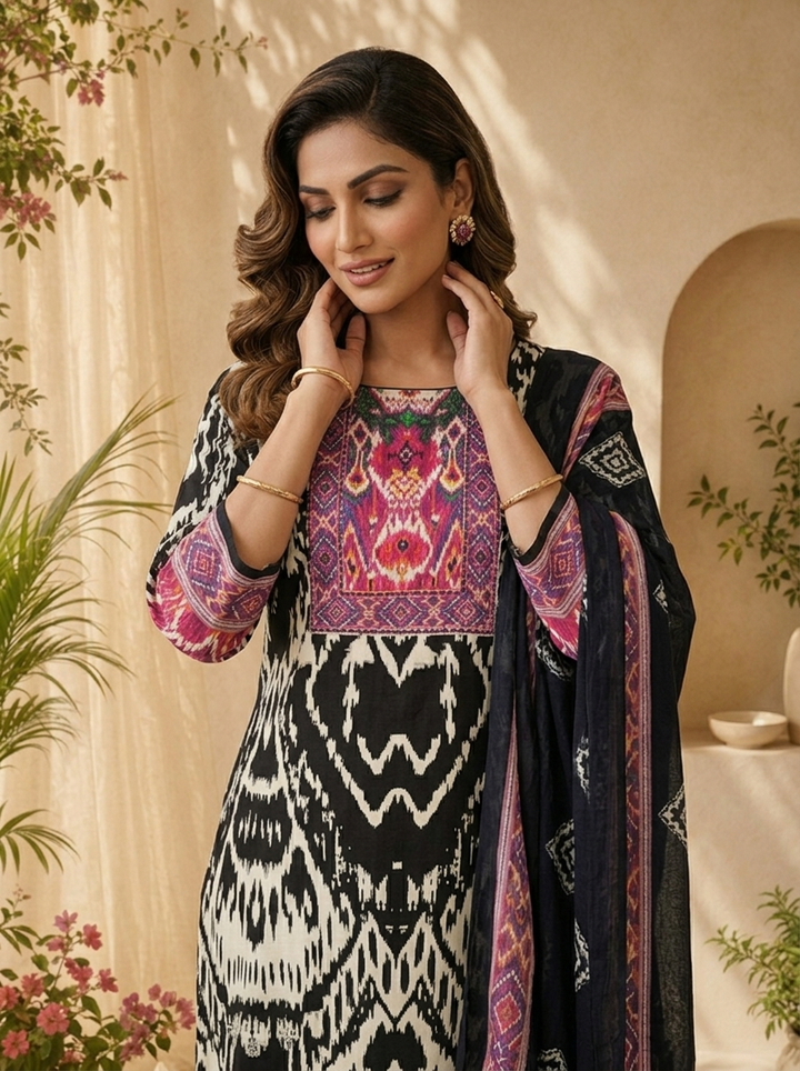 Black And Pink Ikat Printed And Sequins Embroidery Three Piece Set