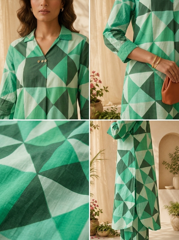 Green Cotton Abstract Printed Two Piece Set
