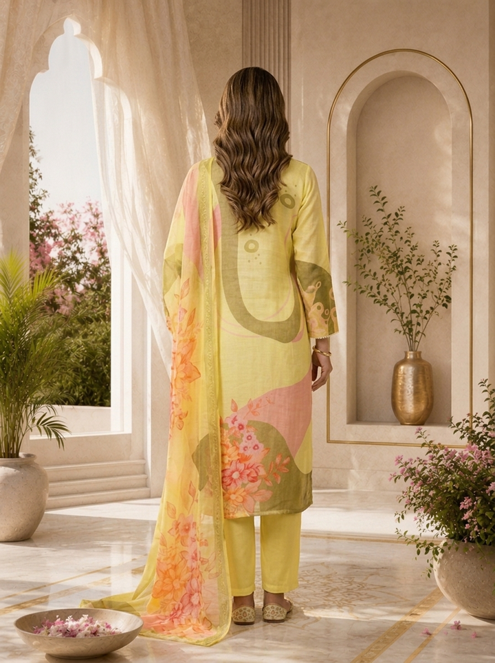 Lemon Floral Beads Embroidery And Printed Linen Satin Three Piece Set